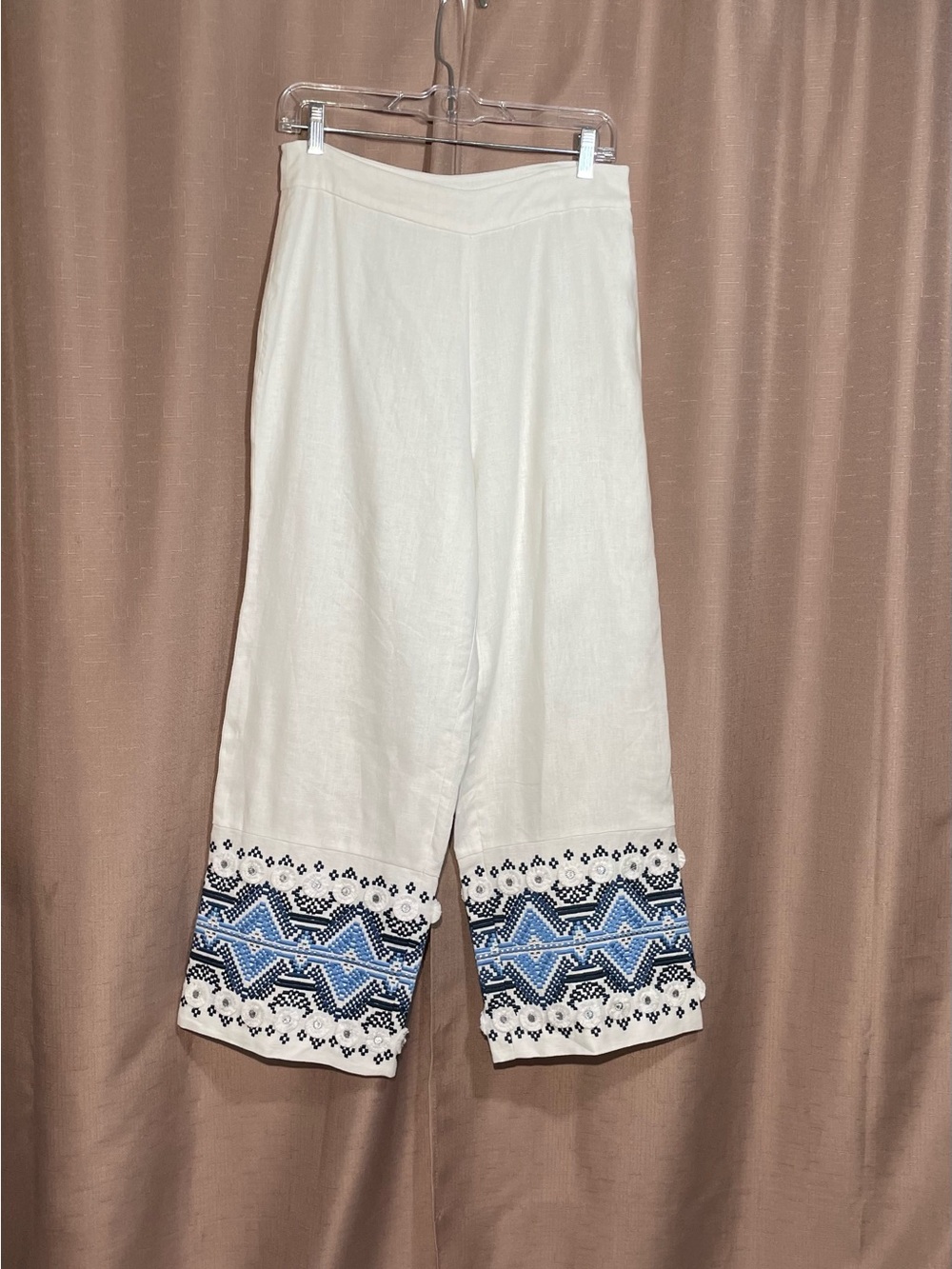 Alexis "Lowri" 29” (M) High-Rise Embroidered Wide-Leg Linen/Cotton Pants GUC